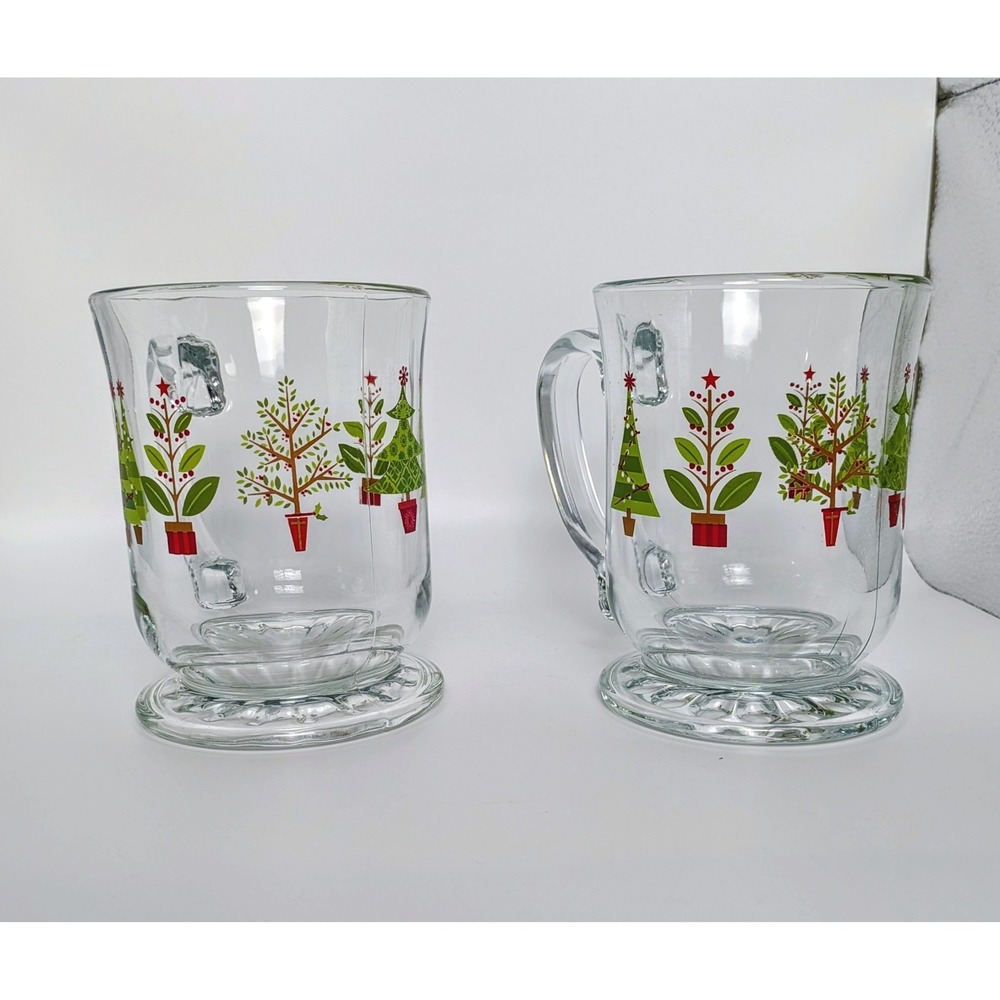 Pair of Vintage Libbey Glass Footed Christmas Tree Mugs
